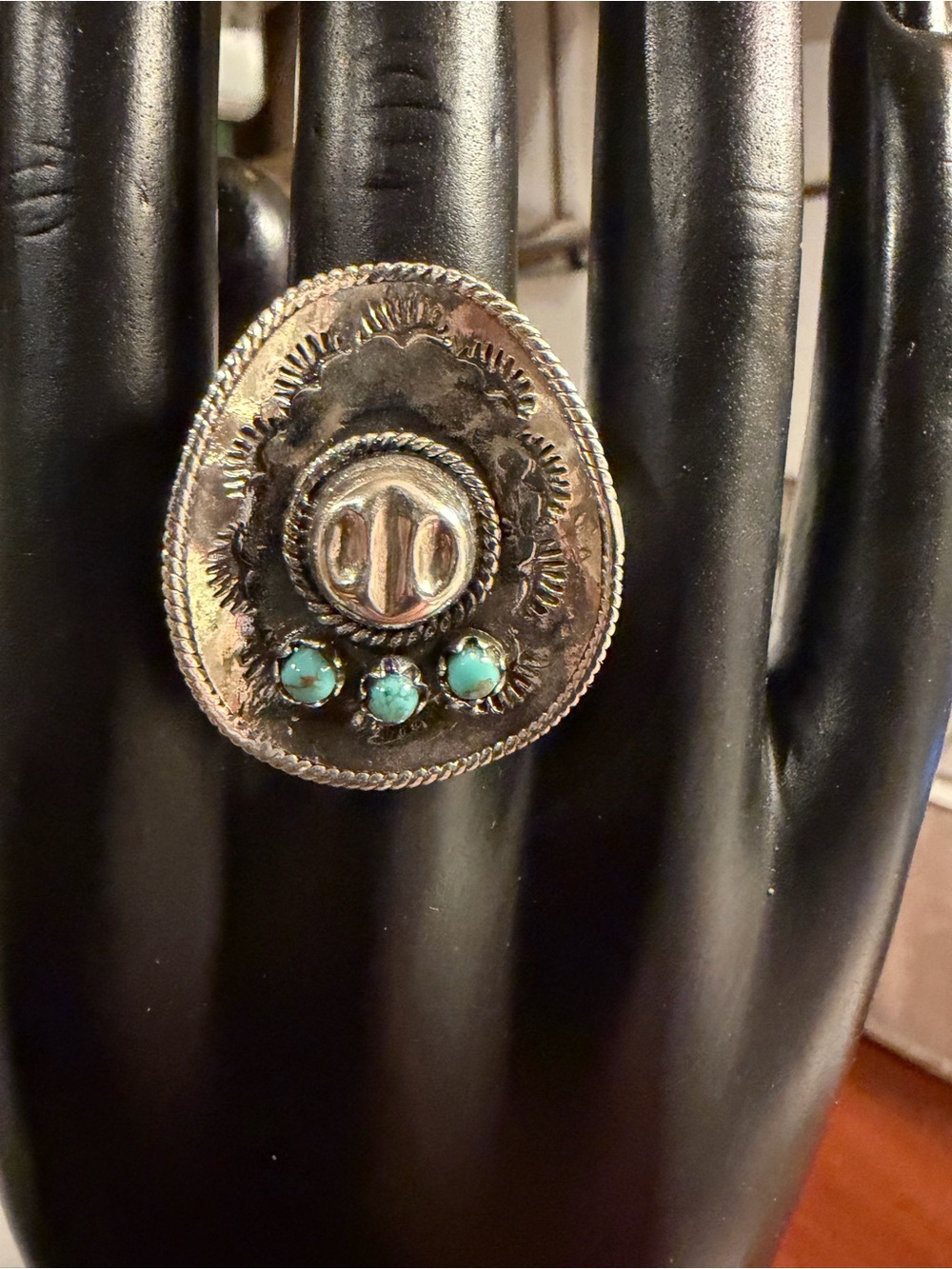 Genuine Sterling Silver 925 Turquoise Cowboy Cowgirl Hat Ring Size 8.5